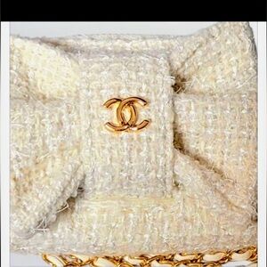 CHANEL Beige Tweed Wallet with Gold Accents